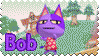 An animated stamp of Bob from Animal Crossing Population: Growing! doing a dance reminiscent of the same one Hat Kid does in the Peace and Tranquility scene in the game A Hat in Time. The text: 'Bob' flashes periodicaly in each of the four corners of the stamp.